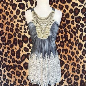 Y2K Venus Boho Tunic Tank Top w/ gold lace beaded detail L